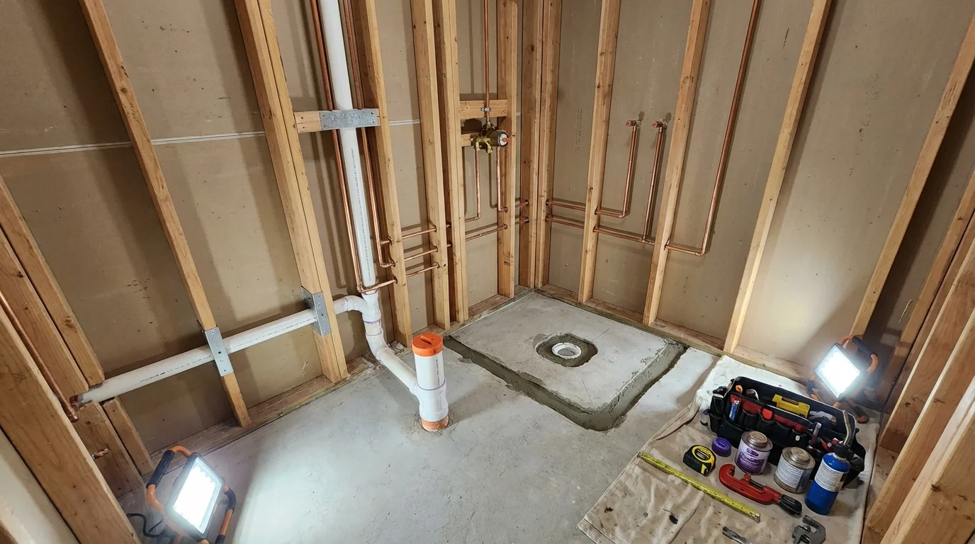 Bathroom rough-in plumbing during remodel by Johns Plumbing LLC in Grafton