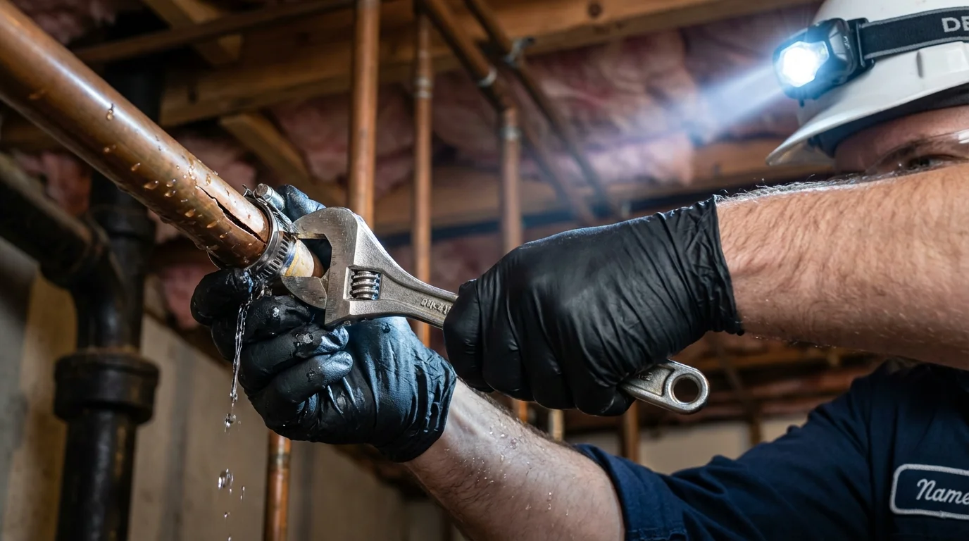 Emergency pipe clamp repair being performed by a Johns Plumbing LLC plumber in Grafton