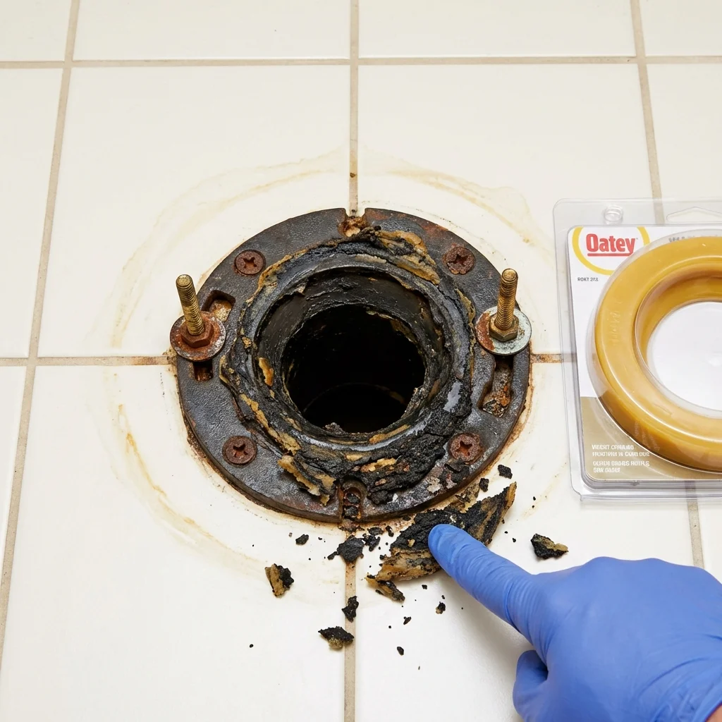 Failed wax ring showing water seepage at the base of a toilet in a Grafton, WI home